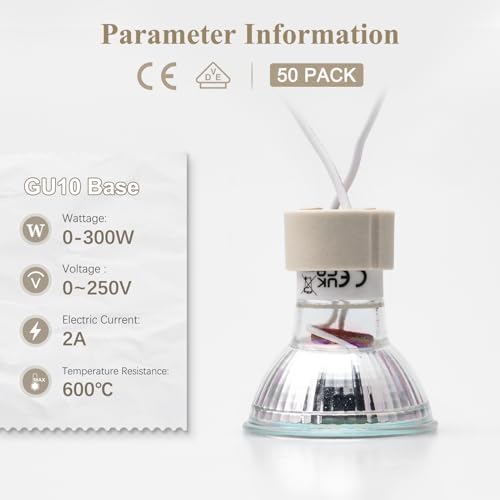 DiCUNO GU10 Lamp Holder 0.75mm² Silicon Wire GU10 Connector Ceramic Base for LED and Halogen,250V,Max 300W,50-Pack