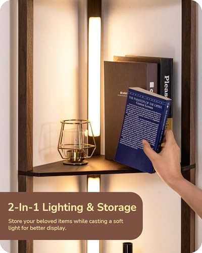 EDISHINE LED Floor Lamps with Shelves, 4 Layers Wood Dimmable Standing Lamp, 360° Rotatable Poles, Corner Floor Lamps for Living Room Bedroom Office, Walnut Brown