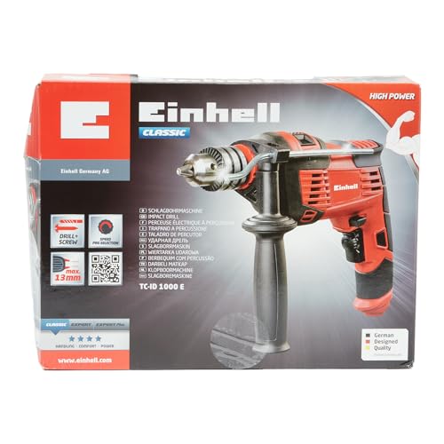 Einhell TC-ID 1000 E Impact Drill | Hammer Drill With Auxiliary Handle, Soft Grip, Speed Control | 1010W Electric Drill With Percussion Hammer Drilling Function , Red