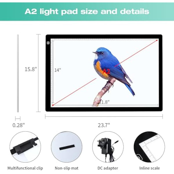 A2 Light Box for Tracing - Diamond Painting Light Board with 12v2a Adapter 2 Multi-Functional Clips, Ultra-Thin Stepless Brightness Light Pad, Drawing Light Box for Diamond Painting Sketching