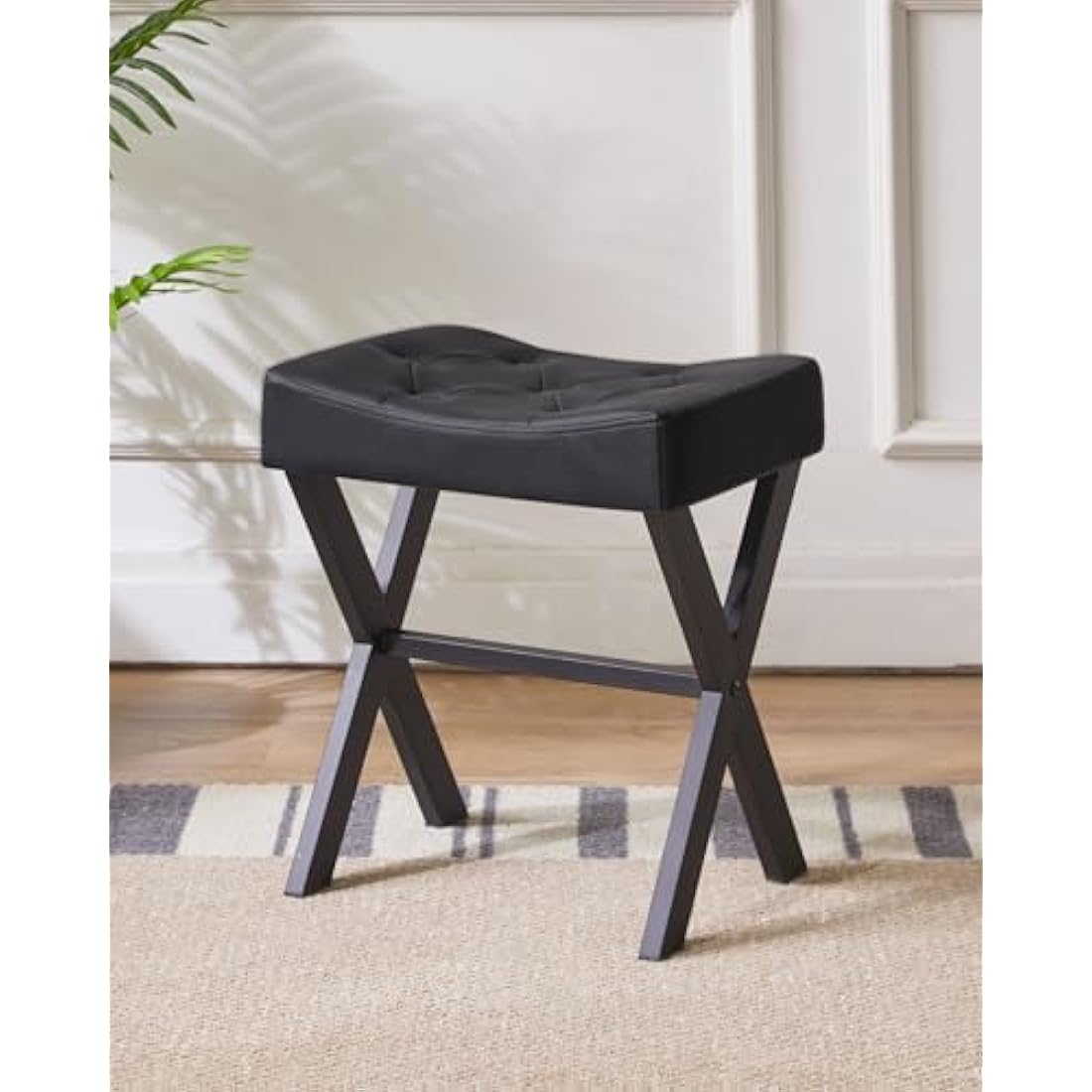 IBUYKE U-shaped PU Vanity Stool, Square Makeup Stool with X-Leg, Ottoman Seat Footrest Stool, Multi-Use as Small Side Table, for Bedroom, Living Room, Black WBD019B