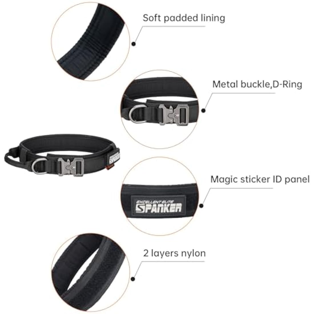 EXCELLENT ELITE SPANKER Tactical Dog Collar Nylon Adjustable Training Collar Military Dog Collar Heavy Duty Metal Buckle with Control Handle for Medium and Large Dogs with Patches(BLK-XL)
