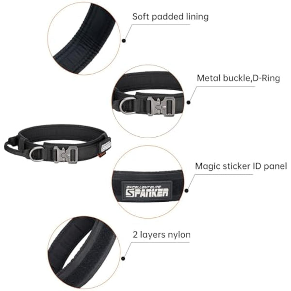 EXCELLENT ELITE SPANKER Tactical Dog Collar Nylon Adjustable Training Collar Military Dog Collar Heavy Duty Metal Buckle with Control Handle for Medium and Large Dogs with Patches(BLK-XL)