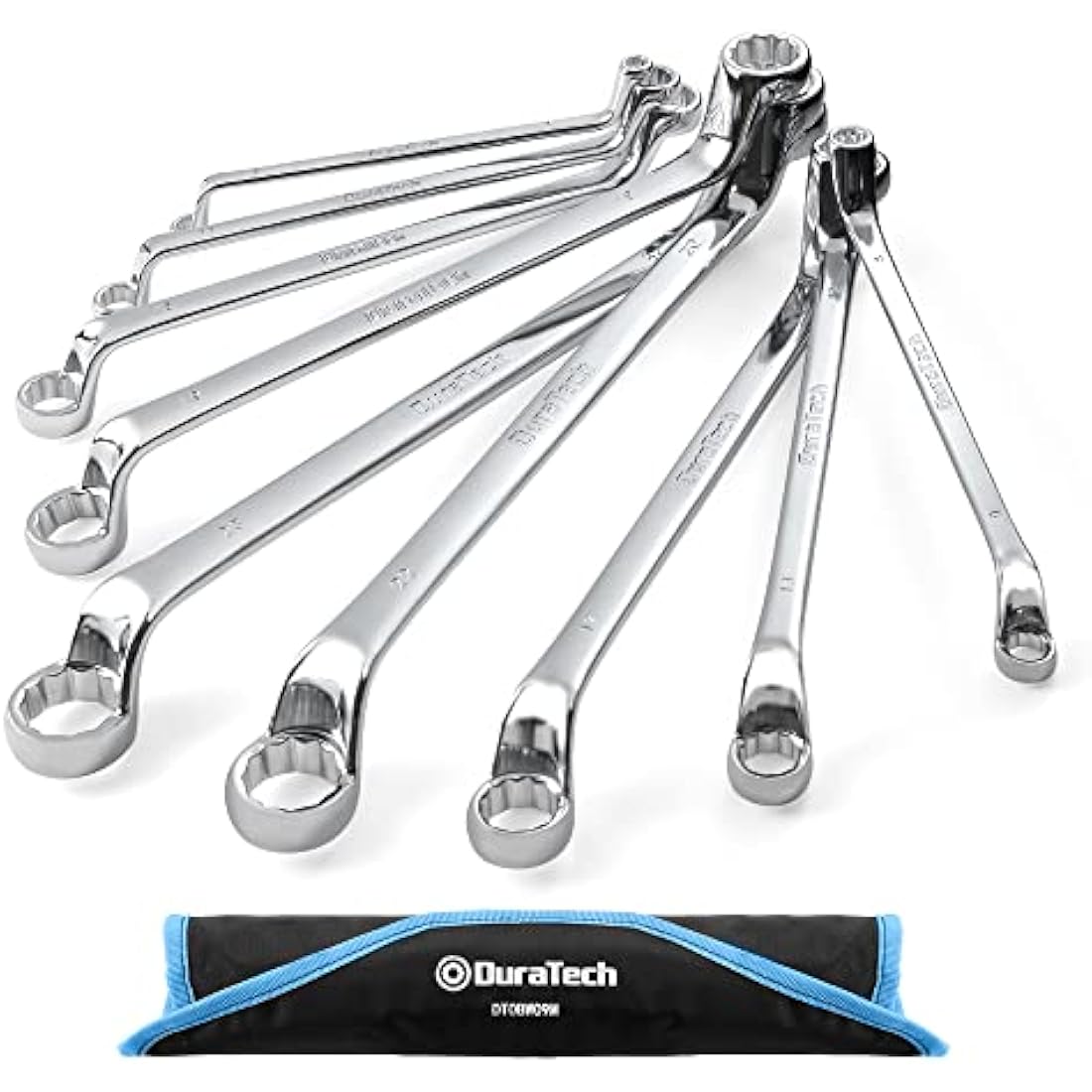DURATECH Offset Double Ring Spanner Set, 9-Piece Metric Box End Wrench Set with Roll Pouch - 75-Degree Offset, 6-23mm, 12-Point, Chrome Vanadium Steel