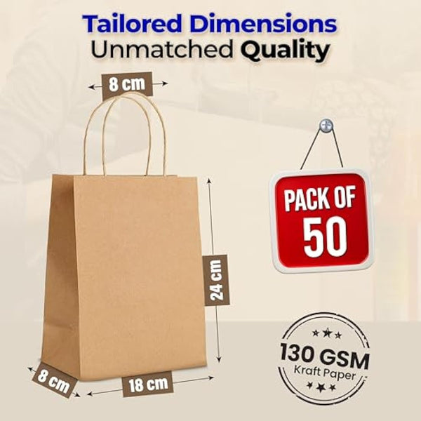 HURUC 50 Pcs Brown Paper Bags With Handles,130GSM, Small Paper Gift Bags, Eco-Friendly Kraft Shopping, Christmas, Easter, Birthday Parties & Merchandise Retail 18x24x8cm
