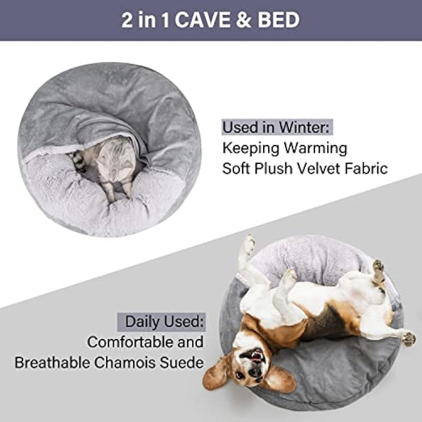 MICOOYO Hooded Dog Bed Large, Cozy Donut Dog Blanket Bed for Doggie, Claming Pet Caved Bed for Cats Puppies (Large, Grey)