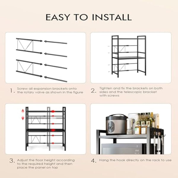 Haipky 3-Tier Expandable Microwave Oven Rack with 6 Hooks, Adjustable Metal Kitchen Shelf Stand for Countertop, Black Baker Rack Organizer