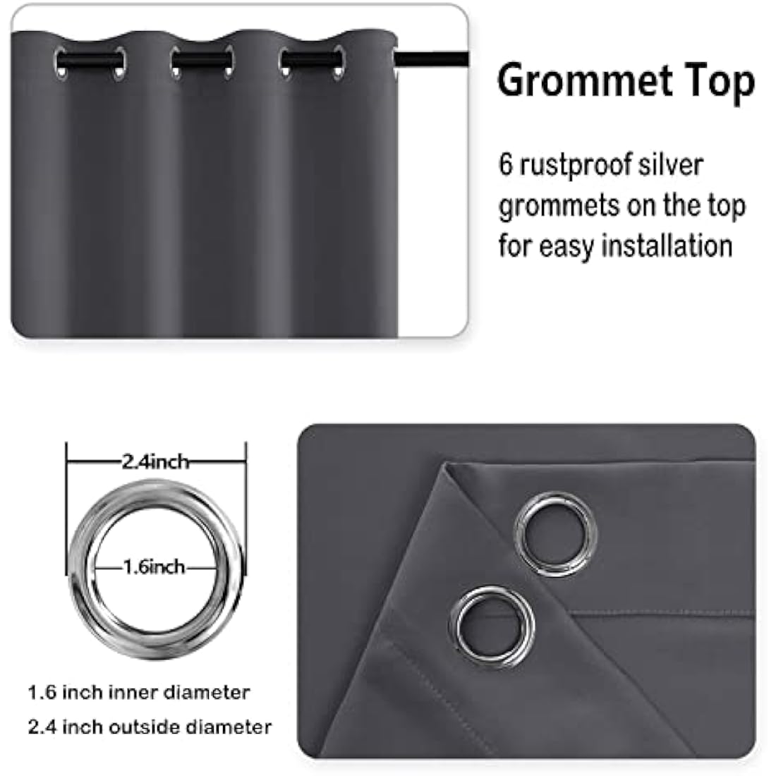 DWCN Dark Grey Blackout Curtains with Tiebacks for Bedroom Thermal Insulated Solid Eyelet Curtains for Living Room,2 Panels,66" Wide x 90" Drop