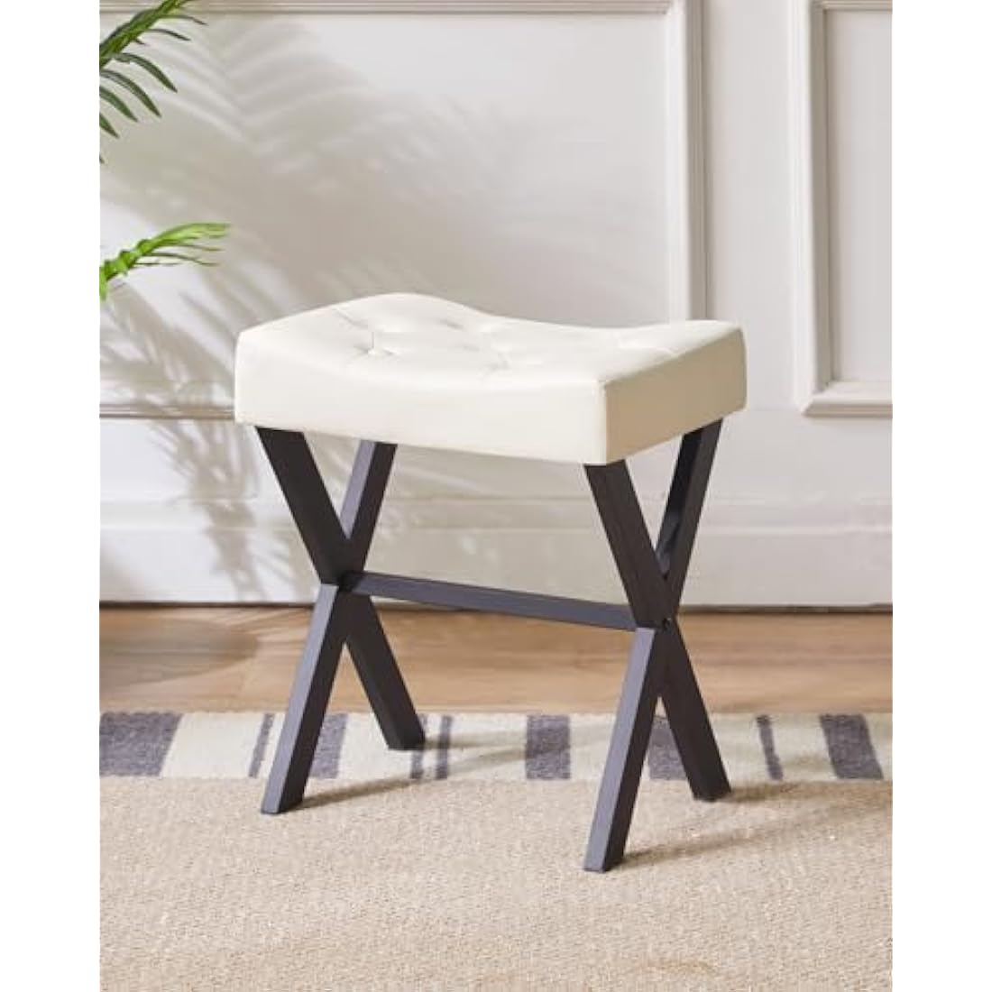 IBUYKE U-shaped PU Vanity Stool, Square Makeup Stool with X-Leg, Ottoman Seat Footrest Stool, Multi-Use as Small Side Table, for Bedroom, Living Room, White WBD019W