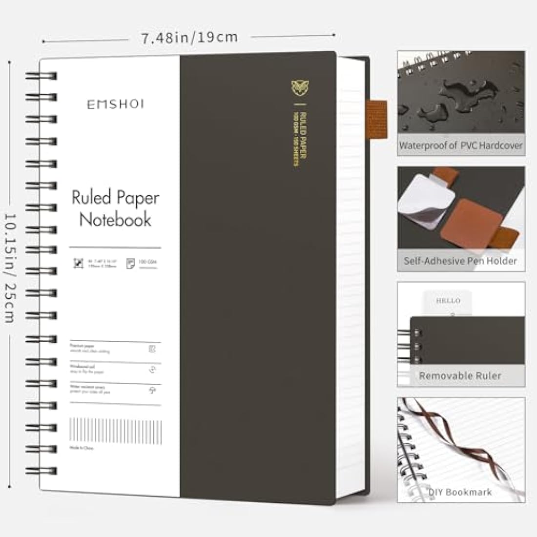 EMSHOI B5 Wirebound Notebook Lined 300 Pages/150 Sheets, Spiral Notepad Multi-Coloured, 100gsm Thick Paper, Waterproof Hardcover, Writing Journal for Women Men Work Office School,19 x 25 cm, Coffee