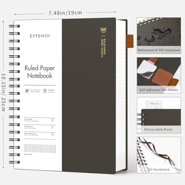 EMSHOI B5 Wirebound Notebook Lined 300 Pages/150 Sheets, Spiral Notepad Multi-Coloured, 100gsm Thick Paper, Waterproof Hardcover, Writing Journal for Women Men Work Office School,19 x 25 cm, Coffee