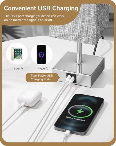 EDISHINE Bedside Lamps Set of 2, 3 Way Dimmable Table Lamps with USB A+C Charging Ports, LED Bulb Included, Touch Lamps for Bedroom, Living Room, GrayLinen Lampshade, 2700K