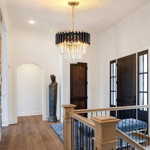 AOOCHOK Black and Gold Crystal Chandelier Pendant Light, Small Modern Crystal Chandelier for Entryway, Corridor, Balcony, Porch, Restaurant, Door Opening, E27 x 3, Φ40cm