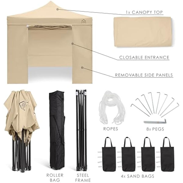 All Seasons Gazebos 3x3m Heavy Duty Fully Waterproof Pop up Gazebo With 4 Side Walls and Accessory Pack - Beige