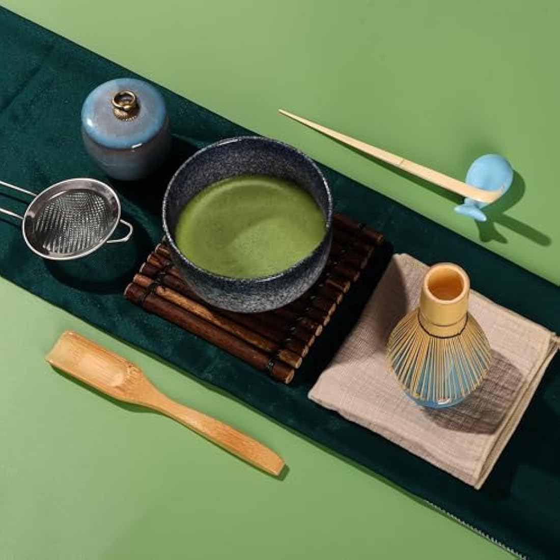 DiDiBirDi Matcha Tea Set 9 Pcs，Japanese Ceramic Bowl，Matcha Whisk (Chasen), Scoop (Chashaku), Stainless Steel Sifter，Whisk Holder,Tea Powder Caddy