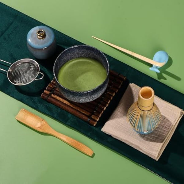 DiDiBirDi Matcha Tea Set 9 Pcs，Japanese Ceramic Bowl，Matcha Whisk (Chasen), Scoop (Chashaku), Stainless Steel Sifter，Whisk Holder,Tea Powder Caddy