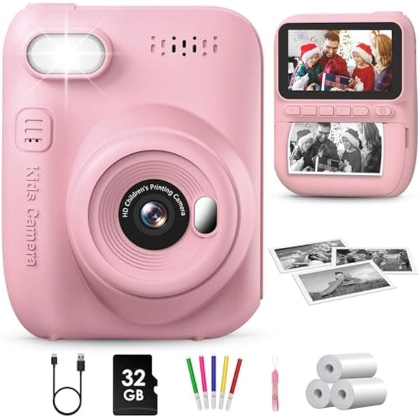 GREENKINDER Kids Camera Instant Print, 3.0'' Large Screen Instant Camera for Kids, 1080P Kids Digital with 32GB Card & 3 Rolls Print Paper, Gift Toy Selfie for Girls Age 3-12, Pink