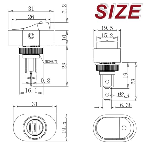 DAOKAI LED Lighted Rocker Switch 12V 30A SPST 3 Pin ON Off Toggle Switch Illuminated Red Lighted Oval Shaped Switch for Automotive Truck RV Boats - 5pcs