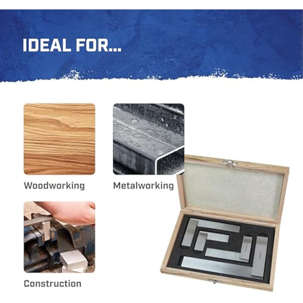Faithfull Engineers Steel Try Square Set 4 Piece - 50,75,100,150mm (2in, 3in, 4in, 6in), Precision Ground, Hardened Steel Blade, Accurate Marking, Measuring & Layout Tools in Wooden Storage Case