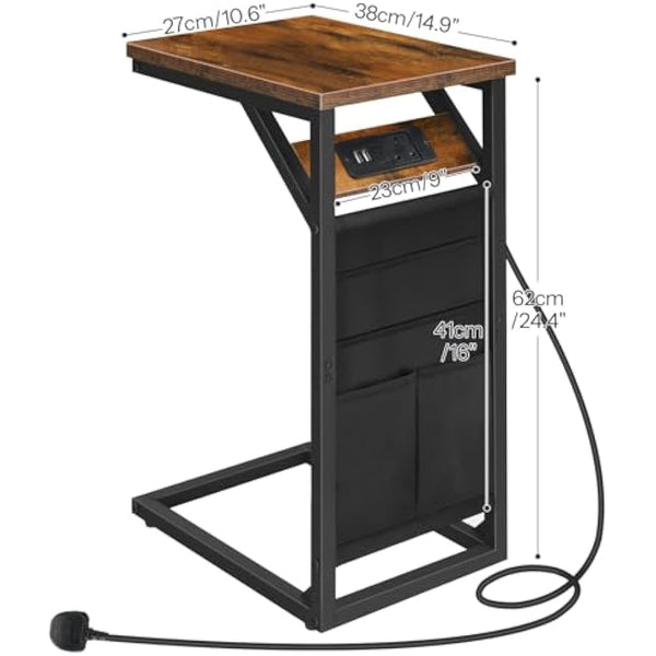 HOOBRO C Shaped Side Table with Charging Station, Sofa Side Table with Storage Bag, Narrow Bedside Table with Power, Laptop Table for Sofa, Small Spaces, Living Room, Rustic Brown and Black EBF28KSF01