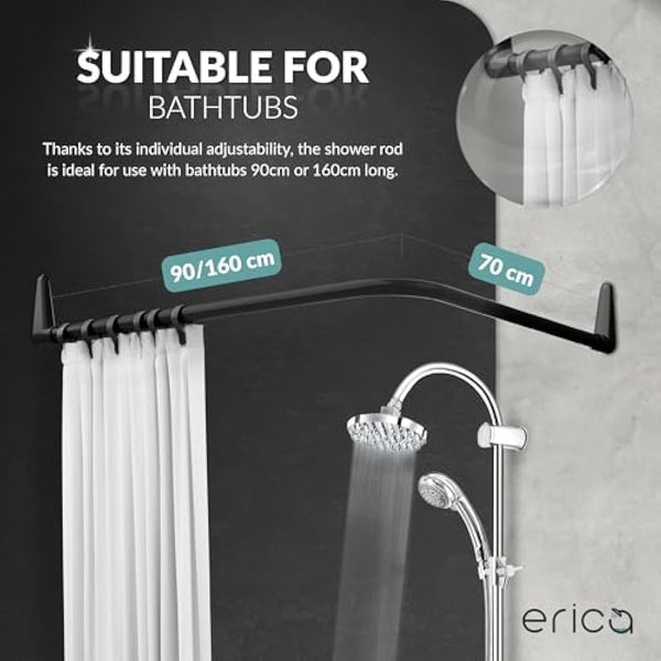 Erica Shower Curtain Rail for Bathtubs, L-Shaped Shower Curtain Pole in three varations 70x90cm / 70x160 cm / 90x140 cm, Wall Mounted Shower Pole, Curved Shower Rail, Black Powder Coated Steel