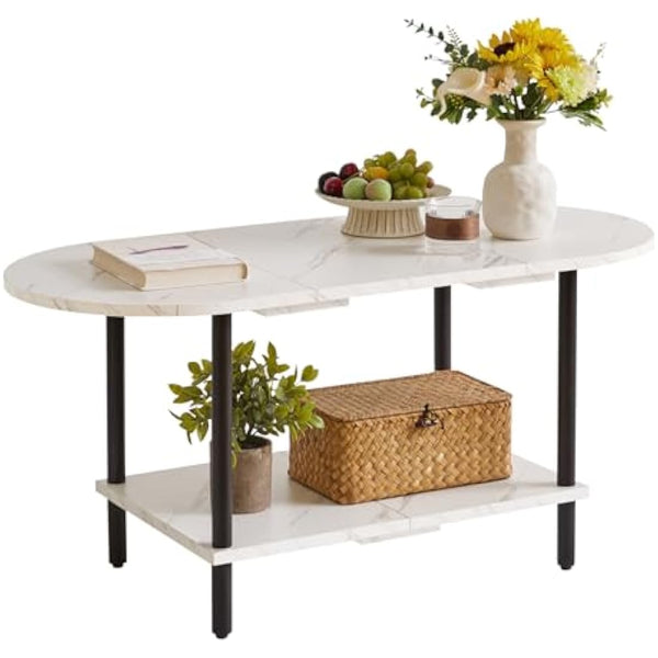 Aibiju Coffee Table, Small Living Room Table, Sofa Table with Wooden Legs and 2 Tier Storage for Living Room Home Office, 35x16x17inch White Faux Marble + Black, YD-011M