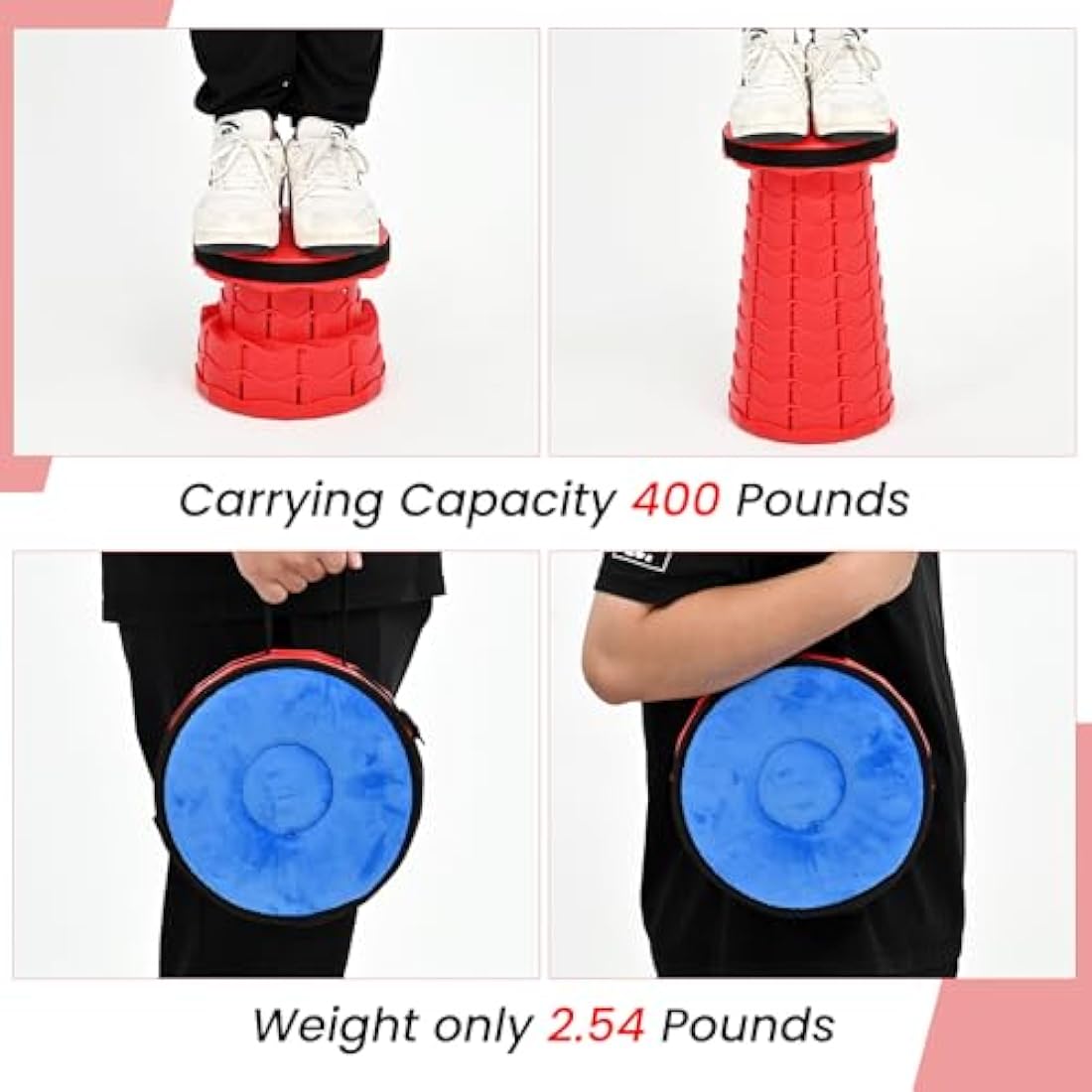 FXKS 2 Pack Folding Stool with Cushion,Retractable Portable Telescop Stool Max Load Capacity 400lbs, Lightweight Collapsible Stools for Fishing Camping Hiking Outdoor BBQ -Red