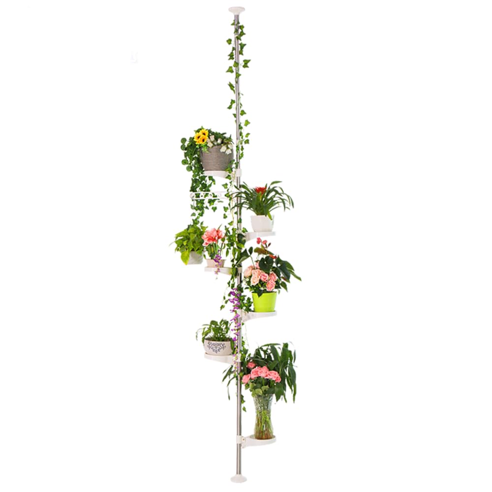 Hershii 7-Layer Tension Pole Plant Stand Indoor Decorative Metal Flower Pot Holder Display Rack Floor to Ceiling Adjustable Hanging Corner Shelf Space