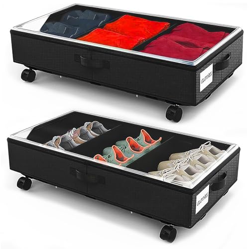 2 Pack Under Bed Storage Rolling Metal Frame Underbed Containers with Wheels Lid Visiable Window Storage Bag Box Organizer Home Closet Organization