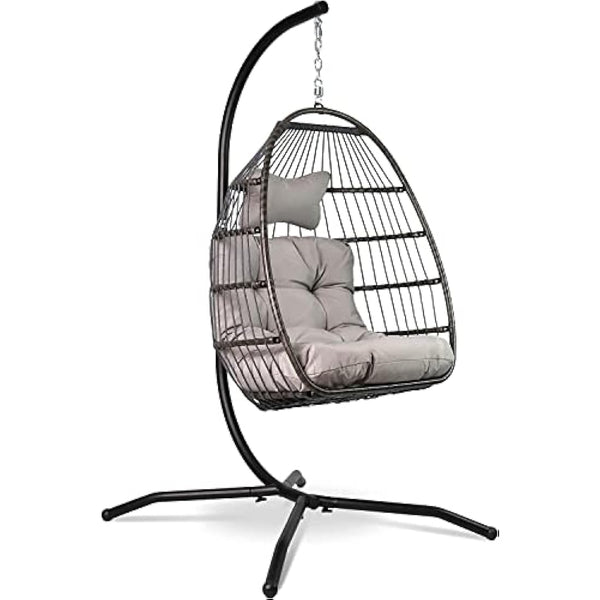 Vita5 Hanging Egg Chair Indoor&Outdoor - Swing Chair with Frame Polyrattan with Cushion - Hanging Chair Outdoor and Indoor - Foldable Hammock Chair - Maximum Load 150kg - Light grey