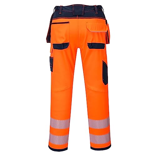 Portwest T501 Mens PW3 Hi Vis Work Trousers - Holster Pocket Workwear Safety Construction Trousers Orange/Black, 34