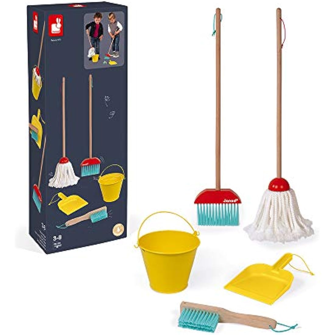 Janod - Cleaning Set - 5 Realistic Wooden Accessories - Broom + Mop + Bucket + Shovel + Brush - Imitation Wooden Toy for Children - from 2 Years Old, J06588