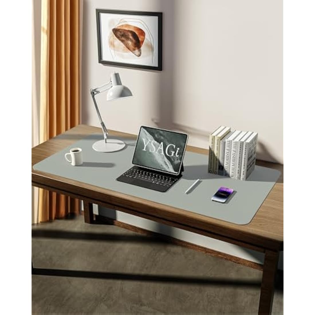 YSAGi Leather Desk Mat, Large Mouse Mat, Non-Slip Desk Pad, Waterproof PU Leather Table Protector Writing Pad for Office and Home (90 x 43 cm, Grayish Green)