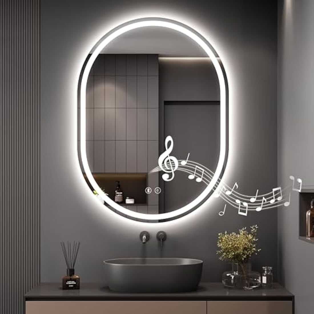 Dripex 600 x 800 mm Bluetooth Oval Bathroom LED Mirror, Illuminated Backlit Wall Mounted Bathroom Mirror with Demister, Anti-fog, 3 Lighting Modes, Dimming Light, IP44