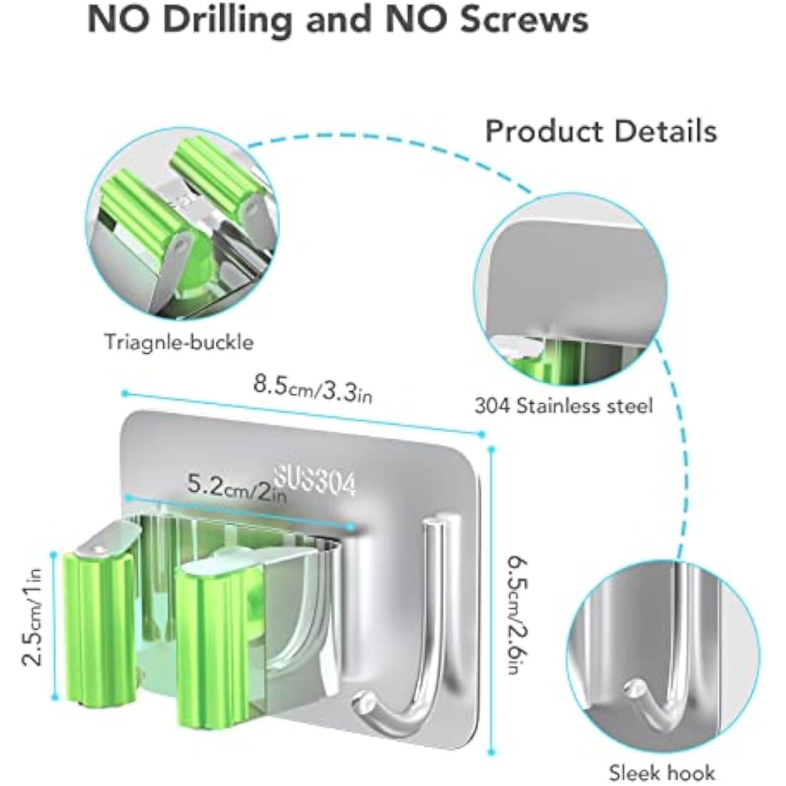 homeasy Mop Broom Holder, 4 Pcs Stainless Steel Self Adhesive Mop Holder Wall Mounted with Hooks Hanger Self-Adhesive Broom Holder for Bathroom, Kitchen, Office, Closet, Garden Garage (Green)