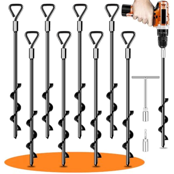 Ground Anchors Screw in Tent Pegs Heavy Duty Trampoline Pegs High Winds, Ground Anchors for Camping Tent, Canopies, Carports, Sheds, Swing Sets, Canopy Stakes Kit, Mobile Home Anchors (8)