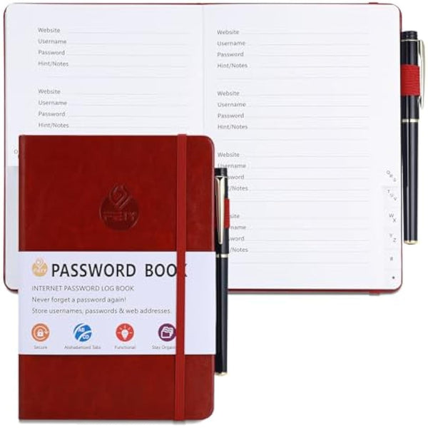 JIANTA Password Book Alphabetical with Tabs A-Z Index Hardback for Internet Website Address Contacts Password Organizer with Pen, Elastic Band, Inner Pocket (13cm x 19cm, Burgundy)