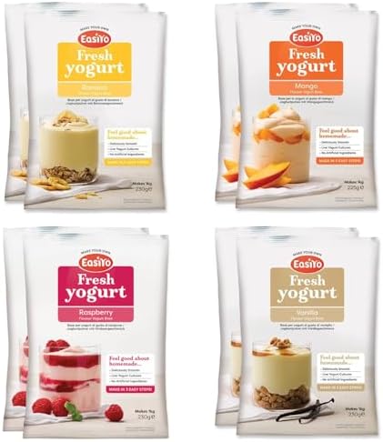 EasiYo Yogurt 8 Sachet Pack | EasiYo Everyday Mixed Pack | 2 x Banana 2 x Mango 2 x Raspberry 2 x Vanilla | Each Sachet Makes 1kg of Yoghurt