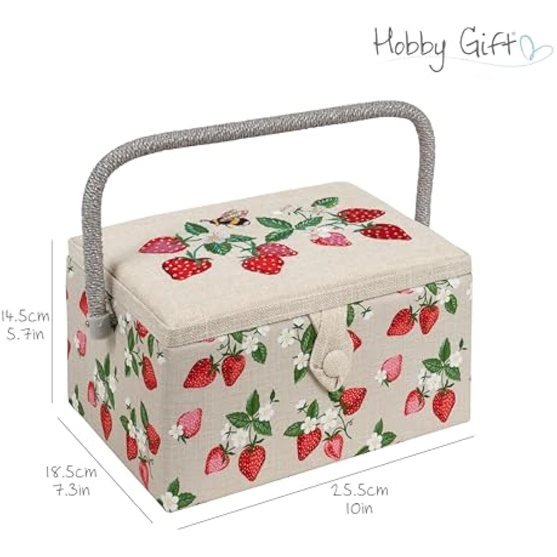 Hobby Gift Exclusive Medium Sewing Craft Hobby Storage Box, Accessories Tray Pin Cushion Pocket PVC Handle Embroidered Lid 18.5 x 25.5 x 14.5cm, Embroidered Strawberries