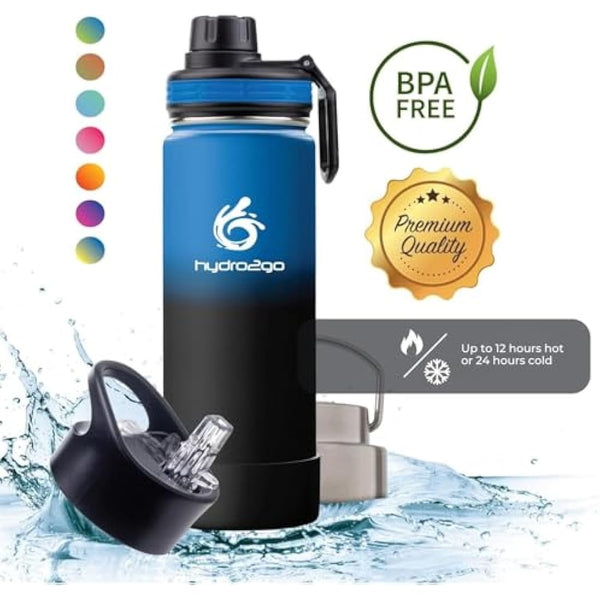 hydro2go Stainless Steel Water Bottle – BPA-Free Bottle for Kids, School, Sports & Outdoor – Keeps Drinks Hot for up to 12H and Cold for up to 24H – Includes 3 Drinking Caps – 530ml (Space)