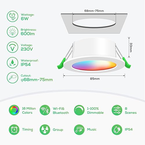 ALUSSO 4 Pack LED Ceiling Light,6W RGB WiFi Recessed Downlights Dimmable, IP44 Spotlights 3000K-6500K,APP Control for Bedroom,Kitchen,Living Room