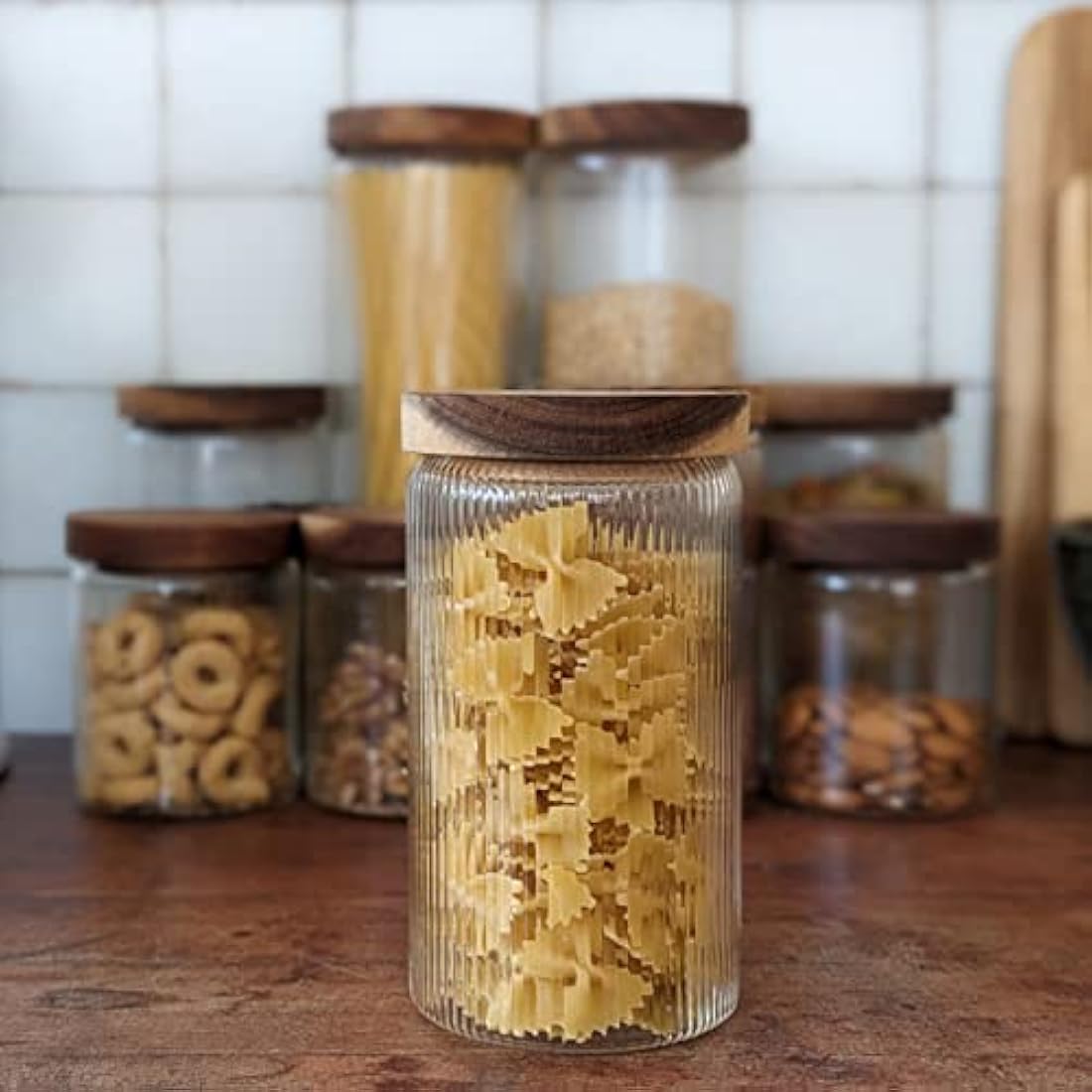 Mason & Fable Ribbed Glass Jar with Wooden Lid 800ml-Set of 3| Airtight Fluted Storage Canister for Food, Pasta, Coffee, Dog Treats, Snacks | Container for Home & Kitchen