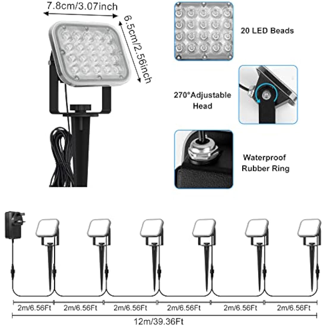 NATPOW Garden Lights Mains Powered, Garden Spike Lights LED Outdoor Landscape Spot Light with Adapter, IP65 Waterproof 5V LED Spotlight for Lawn, Pathway, Yard (6000K)