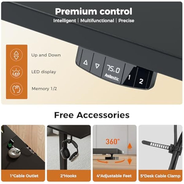 Agilestic L-Shaped Electric Standing Desk, 140cm Height Adjustable Sit-Stand Desk for Home Office, Ergonomic Computer Desk with Spliced Board,Black