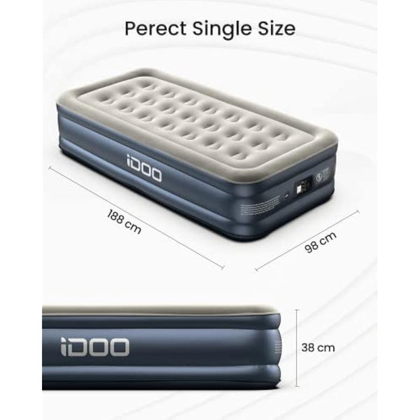 iDOO Single Air Bed, Inflatable Mattress with Built-in Pump, 3 Mins Quick Self-Inflation/Deflation Blow Up Air Mattress, Comfortable Top Surface for Home Portable Camping Travel 188x99x38cm 249kg MAX