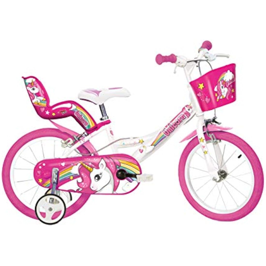 Dino Bikes Unicorn Kids Bike 16-inches, Girls, White/Pink with Doll Seat, Basket and Stabilisers