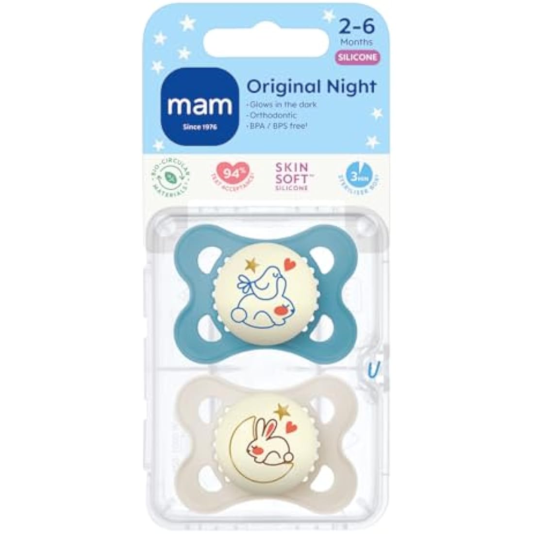 MAM Original Night Soothers | 0-6 Months | 2 Pack | Glow in The Dark | Comes in Dummy Steriliser Case | Baby Accessories for Newborn | Blue/Cream (Various Designs)