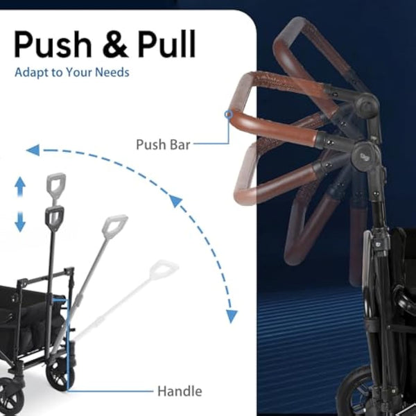 Sekey Kids Folding Handcart Wagon with Removable Canopy, Versatile Foldable Transport Trolley for Family Outings Including Shockproof PU Wheels, 220LBS(100KG) Weight Capacity, Push Handle, Black