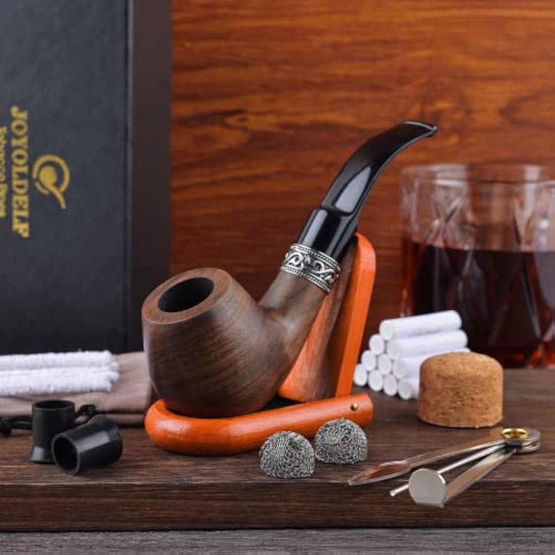 Joyoldelf Smoking Pipes, Vintage Ebony Smoking Pipe with Pipe Stand, 3-in-1 Pipe Scraper, 9mm Pipe Filters, Other Smoking Accessories