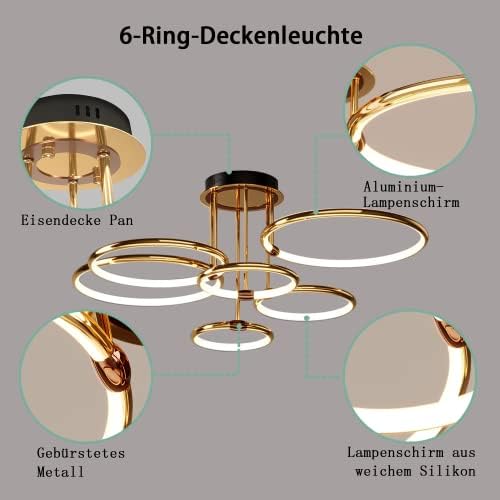 EIDEARAY LED Ceiling Light，Modern Nest Design Ceiling Lamp Dimmable with Remote Control Lamp Golden Ring Ceiling Lighting Apply Living Room Kitchen Hallway Balcony Dining Room (Six Rings)
